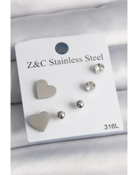   Gümüş Zirkon Taşlı Kalpli Çelik Küpe Seti