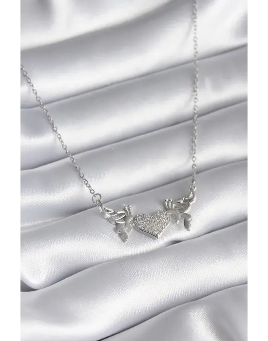  Gümüş  Zirkon Taşlı Kanat Kalp Model  Çelik Kolye