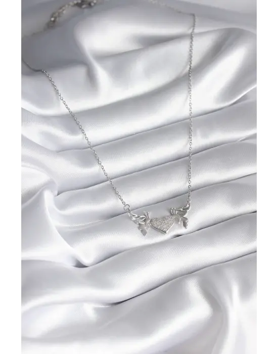  Gümüş  Zirkon Taşlı Kanat Kalp Model  Çelik Kolye