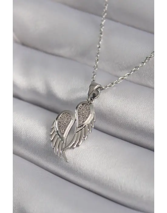  Gümüş  Zirkon Taşlı Kanat Model  Çelik Kolye