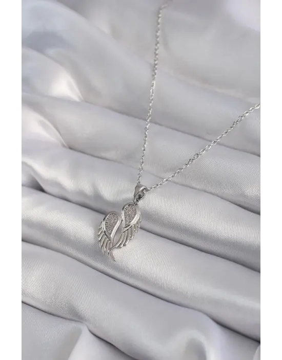  Gümüş  Zirkon Taşlı Kanat Model  Çelik Kolye