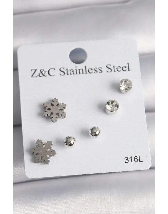 Gümüş Zirkon Taşlı Kar Tanesi Model Çelik Küpe Seti