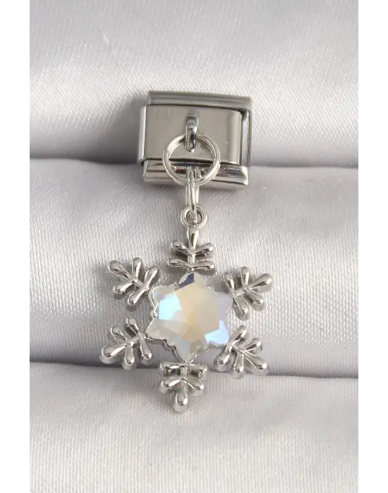 316L Çelik Gümüş Renk Zirkon Taşlı Kar Tanesi Model Nomination Charm