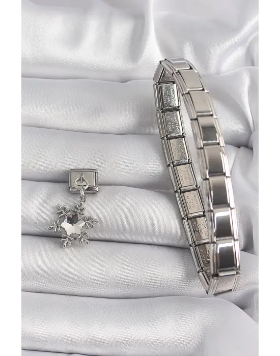 316L Çelik Gümüş Renk Zirkon Taşlı Kar Tanesi Model Nomination Charm