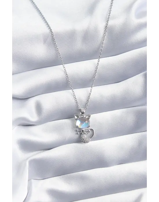  Gümüş  Zirkon Taşlı Kedi Model  Çelik Kolye