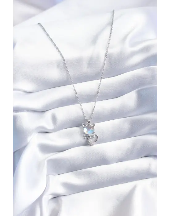  Gümüş  Zirkon Taşlı Kedi Model  Çelik Kolye