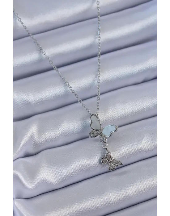 316L Çelik Gümüş Renk Zirkon Taşlı Kelebek Model Kadın Kolye