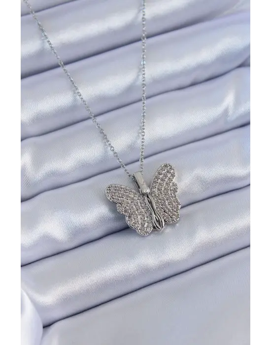  Gümüş  Zirkon Taşlı Kelebek Model  Çelik Kolye