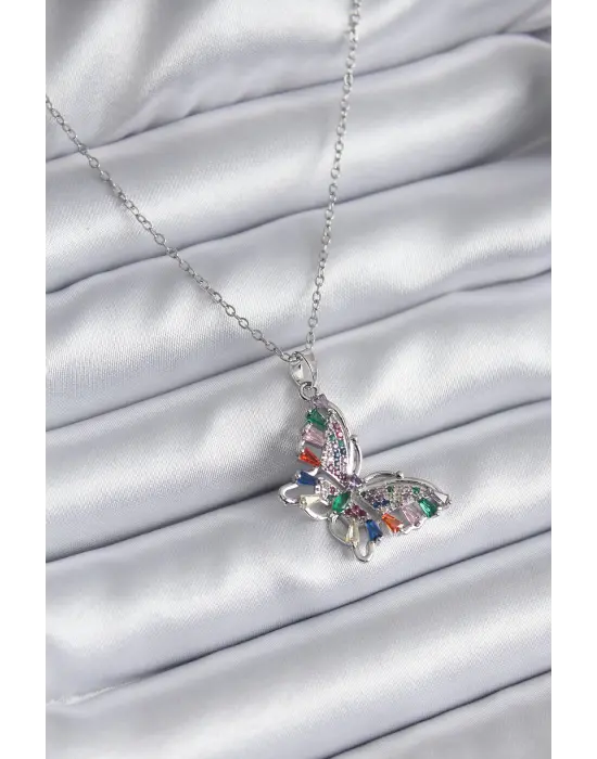 Gümüş  Zirkon Taşlı Kelebek Model  Çelik Kolye