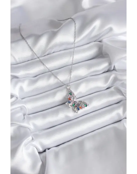  Gümüş  Zirkon Taşlı Kelebek Model  Çelik Kolye
