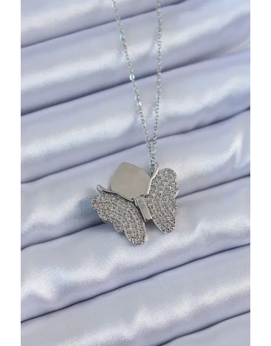  Gümüş  Zirkon Taşlı Kelebek Model  Çelik Kolye
