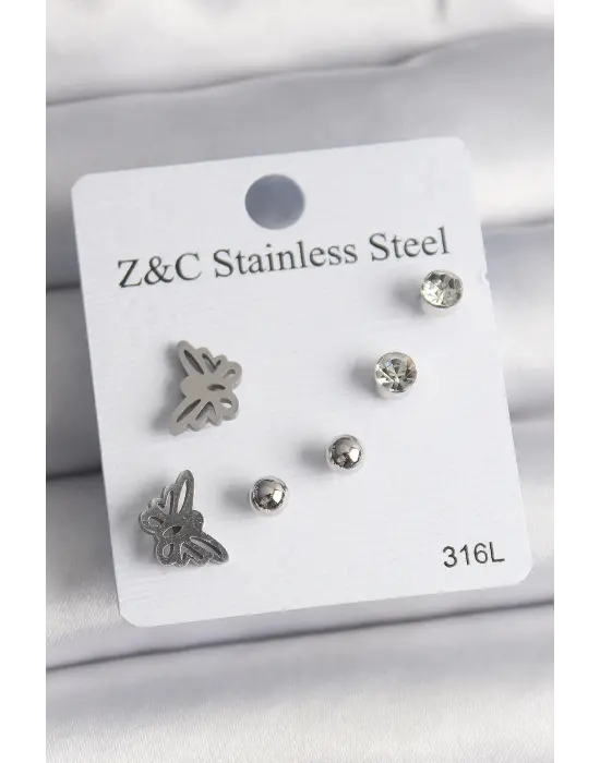   Gümüş Zirkon Taşlı Kelebek Model Çelik Küpe Seti