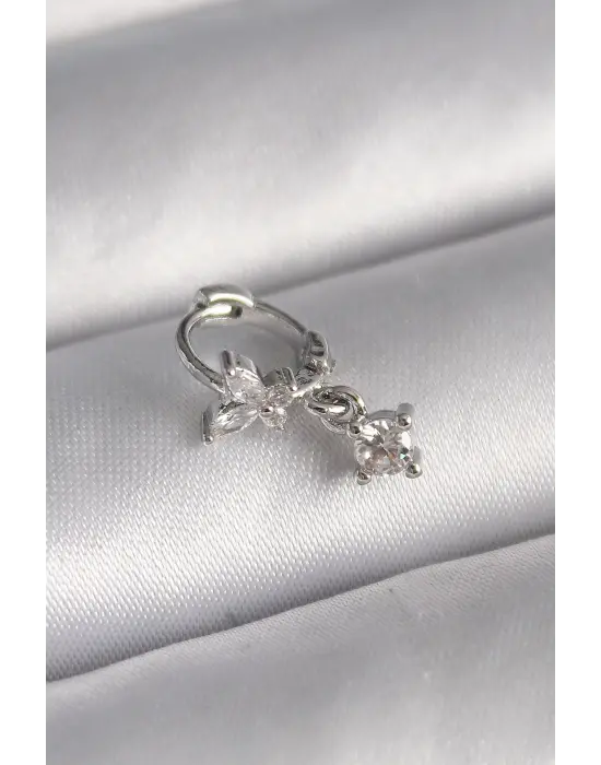 316L Çelik Gümüş Renk Zirkon Taşlı Kelebek Model Sallantı Detay Tragus Piercing