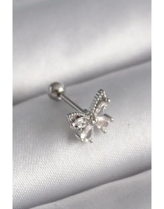 316L Çelik Gümüş Renk Zirkon Taşlı Kelebek Tragus Piercing