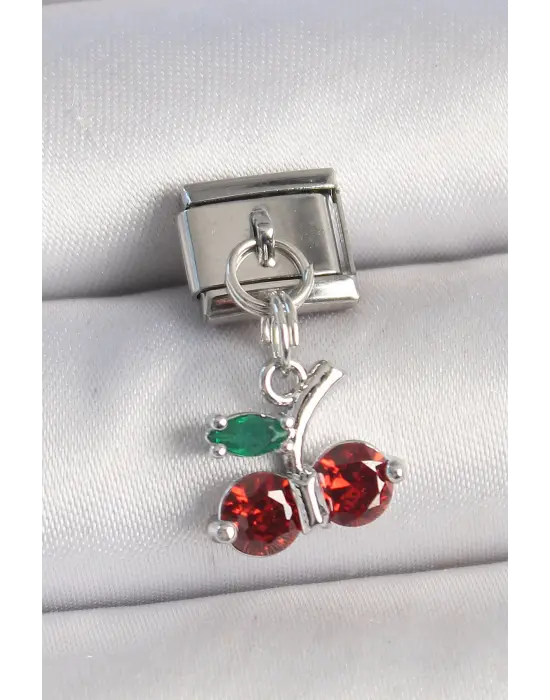 316L Çelik Gümüş Renk Zirkon Taşlı Kiraz Model Nomination Charm