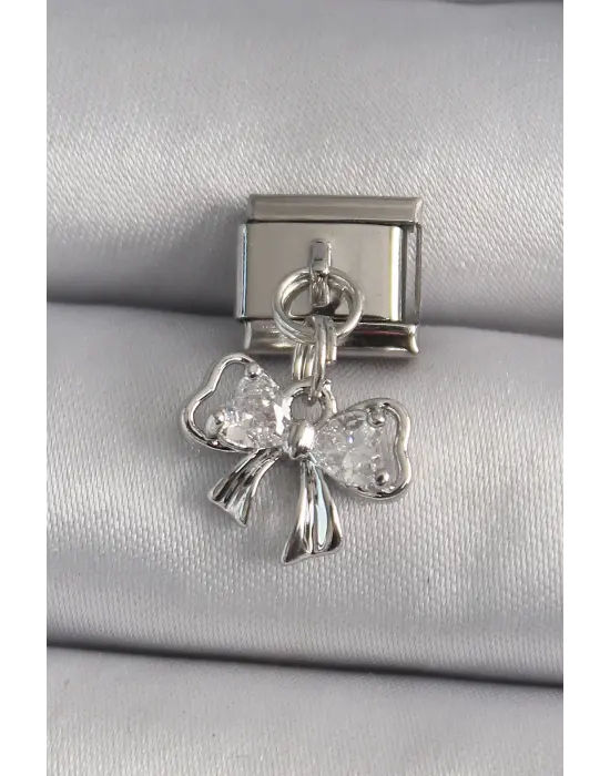 316L Çelik Gümüş Renk Zirkon Taşlı Kurdele Model Nomination Charm