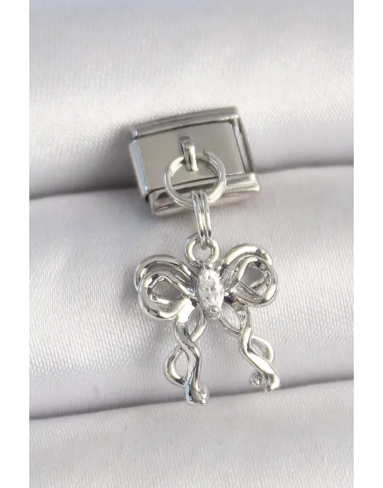 316L Çelik Gümüş Renk Zirkon Taşlı Kurdele Model Nomination Charm