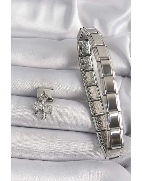 316L Çelik Gümüş Renk Zirkon Taşlı Kurdele Model Nomination Charm