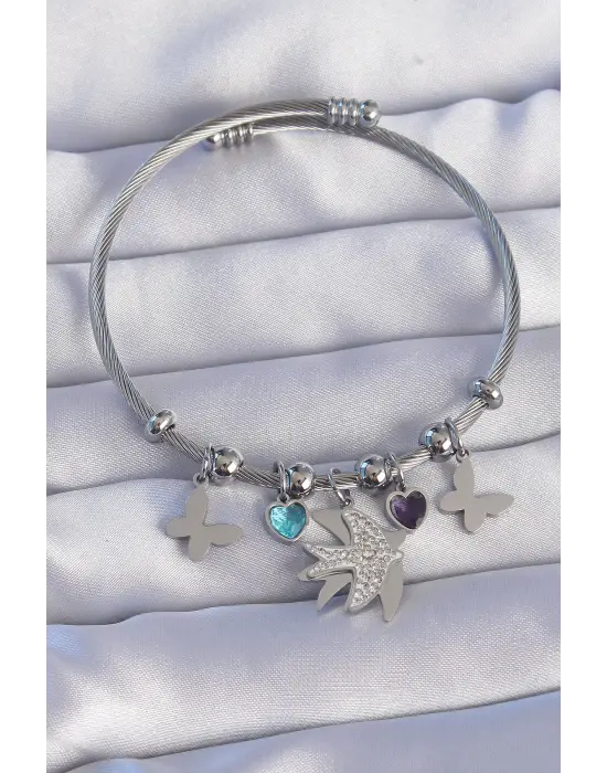 316L Çelik Gümüş Renk Zirkon Taşlı Kuş Tasarımlı Kelebek Detay Charm Bileklik