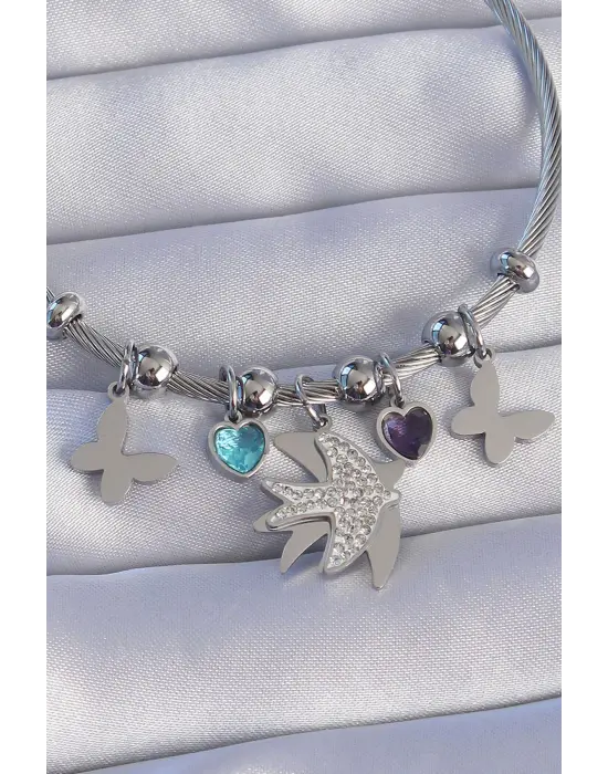316L Çelik Gümüş Renk Zirkon Taşlı Kuş Tasarımlı Kelebek Detay Charm Bileklik