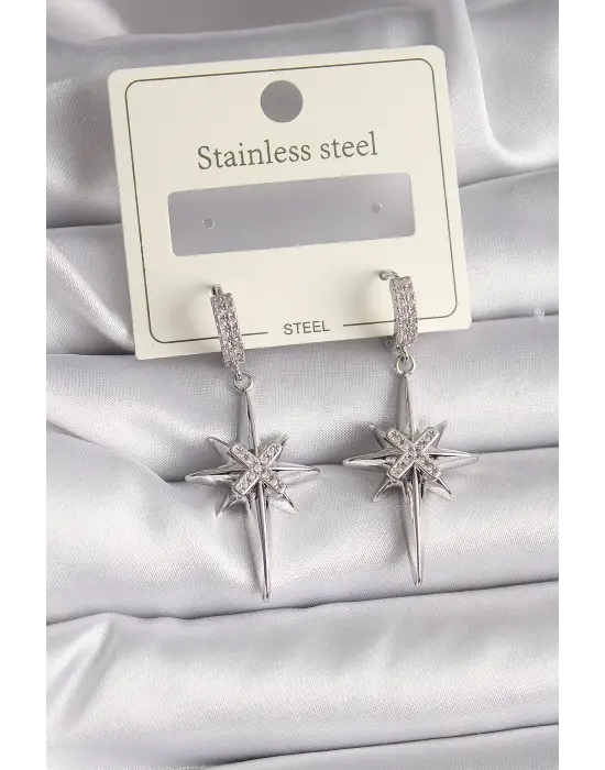   Gümüş Zirkon Taşlı Kutup Yıldız Model Çelik Küpe