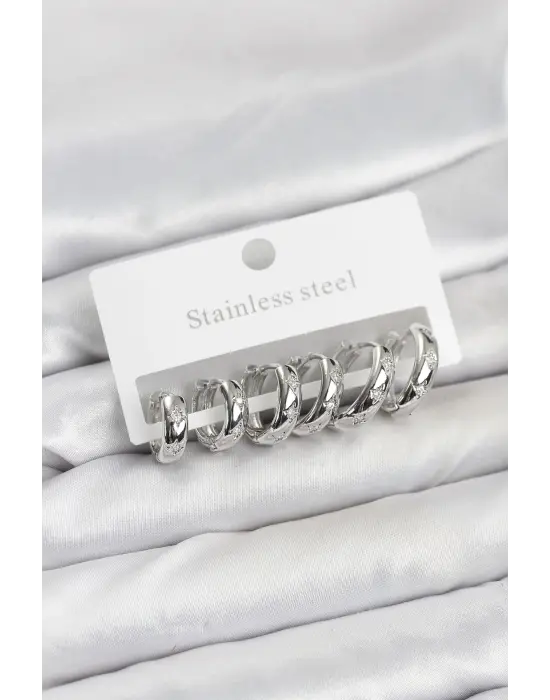 316L Çelik Gümüş Renk Zirkon Taşlı Kutup Yıldızı Model Halka Küpe Seti