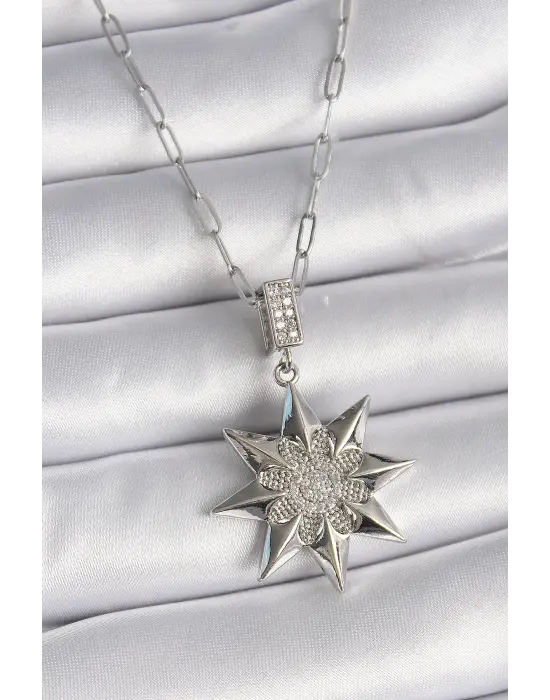  Gümüş  Zirkon Taşlı Kutup Yıldızı Model  Çelik Kolye