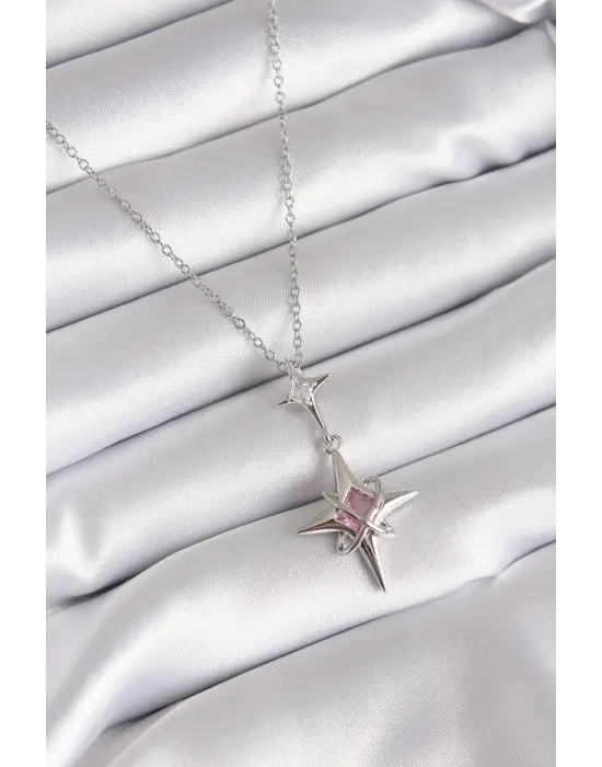  Gümüş  Zirkon Taşlı Kutup Yıldızı Model  Çelik Kolye