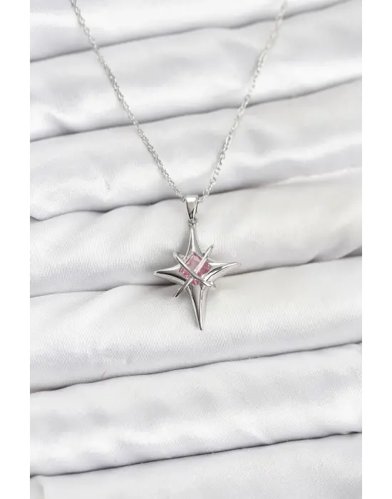 316L Çelik Gümüş Renk Zirkon Taşlı Kutup Yıldızı Model Kadın Kolye