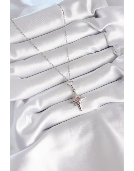  Gümüş  Zirkon Taşlı Kutup Yıldızı Model  Çelik Kolye