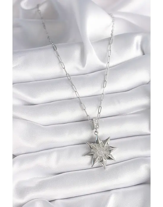  Gümüş  Zirkon Taşlı Kutup Yıldızı Model  Çelik Kolye