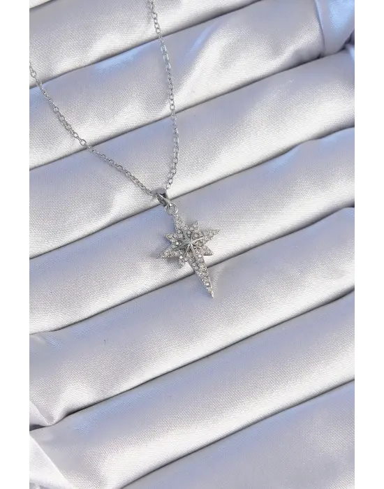  Gümüş  Zirkon Taşlı Kutup Yıldızı Model Çelik Kolye