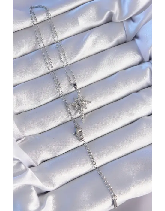  Gümüş  Zirkon Taşlı Kutup Yıldızı Model Çelik Kolye