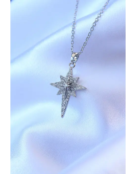  Gümüş  Zirkon Taşlı Kutup Yıldızı Model Çelik Kolye