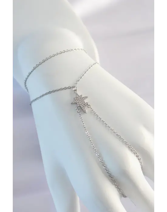 316L Çelik Gümüş Renk Zirkon Taşlı Kutup Yıldızı Tasarımlı Şahmeran