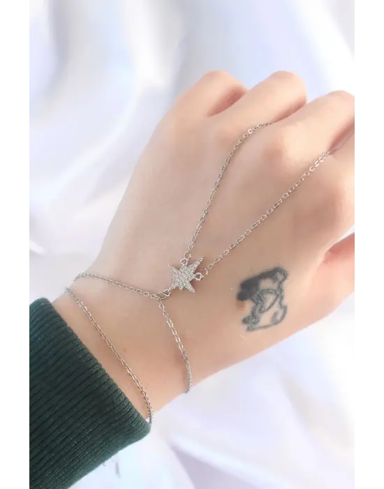 316L Çelik Gümüş Renk Zirkon Taşlı Kutup Yıldızı Tasarımlı Şahmeran