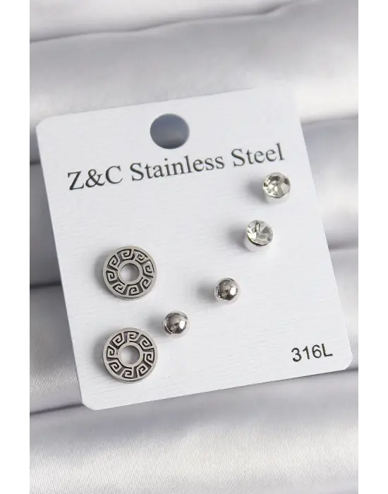   Gümüş Zirkon Taşlı Labirent Model Çelik Küpe Seti