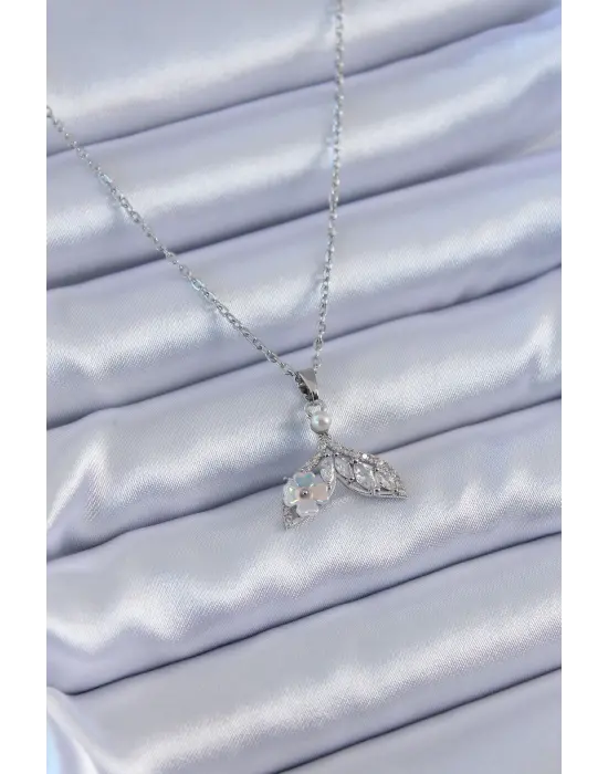  Gümüş  Zirkon Taşlı Martı Model Çiçek Detay  Çelik Kolye