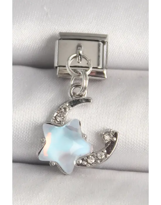 316L Çelik Gümüş Renk Zirkon Taşlı Mavi Mineli Yıldız Model Nomination Charm