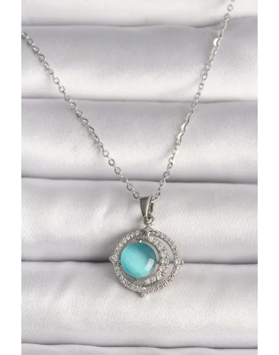  Gümüş  Zirkon Taşlı Mavi Sedefli Hilal Model  Çelik Kolye