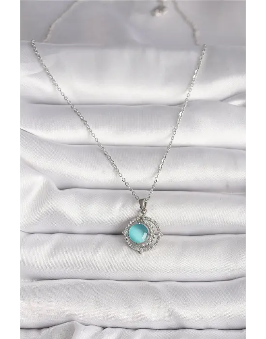  Gümüş  Zirkon Taşlı Mavi Sedefli Hilal Model  Çelik Kolye