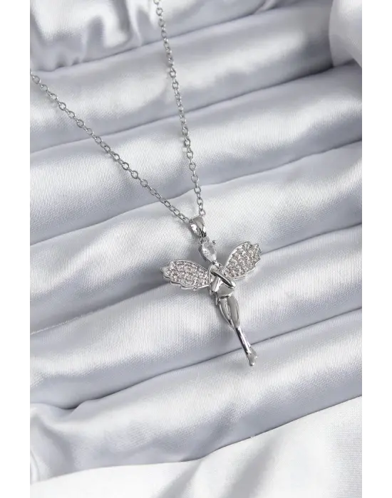  Gümüş  Zirkon Taşlı Melek Model  Çelik Kolye