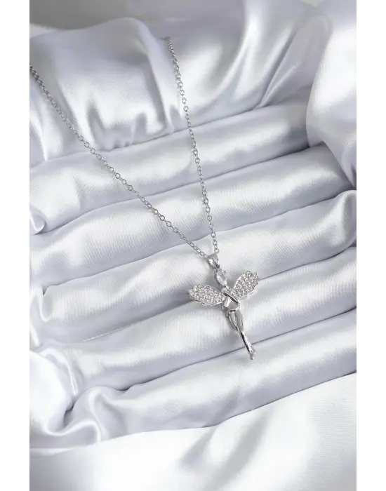  Gümüş  Zirkon Taşlı Melek Model  Çelik Kolye