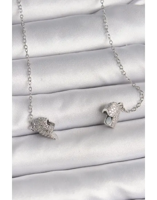  Gümüş  Zirkon Taşlı Mıknatıslı Kalp Model  Çelik Kolye