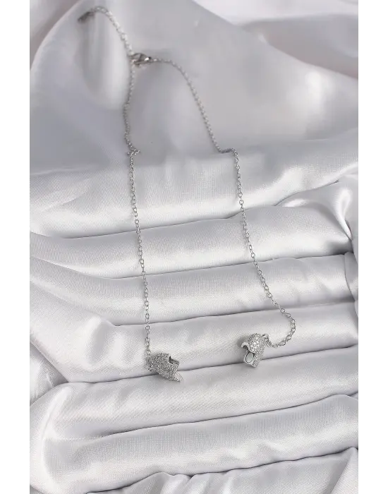  Gümüş  Zirkon Taşlı Mıknatıslı Kalp Model  Çelik Kolye