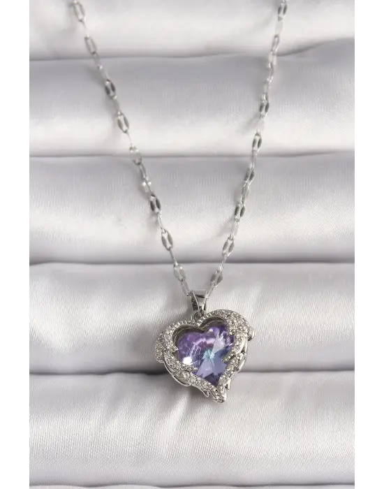  Gümüş  Zirkon Taşlı Mor Kalp Model  Çelik Kolye