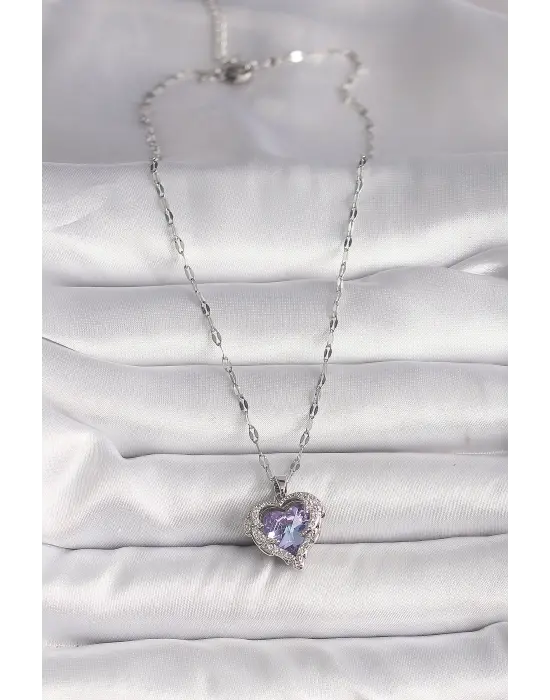  Gümüş  Zirkon Taşlı Mor Kalp Model  Çelik Kolye
