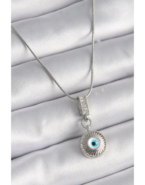  Gümüş  Zirkon Taşlı Nazar Boncuk Model  Çelik Kolye