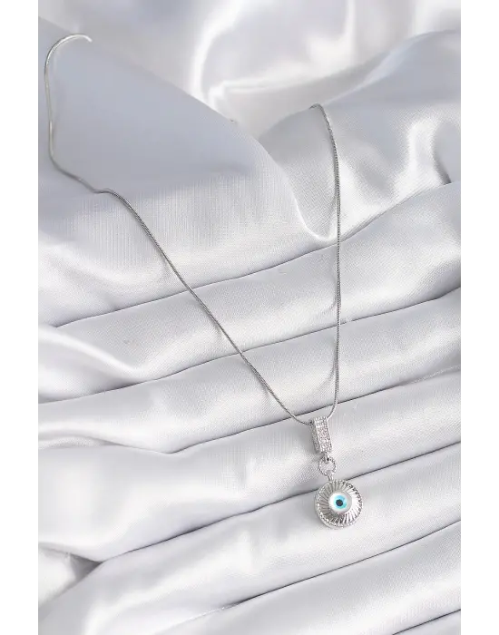  Gümüş  Zirkon Taşlı Nazar Boncuk Model  Çelik Kolye