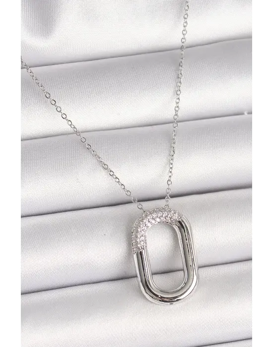  Gümüş  Zirkon Taşlı Oval Model  Çelik Kolye